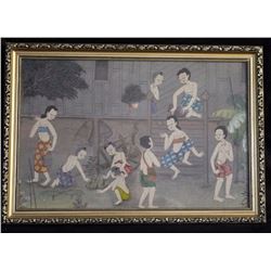 Old Indonesian Framed Color Work Village Life Scenes 18"