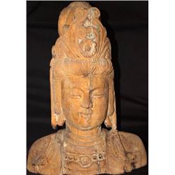 Ancient Chinese Wood Carved Buddha Bust 22", 25-lbs