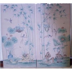Pair of Matching Over-Sized Asian Art Silk on Board 65x35" Each