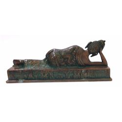 Solid Copper Sleeping Buddha w. Patina 12", 6-lbs