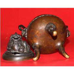 Ancient 18th Cty Chinese Bronze Tripod Censer with Cover 8x7", 3-lbs