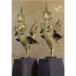 Ancient Gilted Bronze Kinnari Statue Gods on Stands 16 , 12-lbs