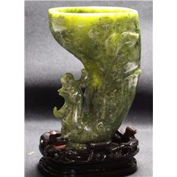 Ancient Solid Spinach Jade Sculpture of Bird Vase w/ Stand 6x4"