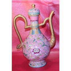 Ancient Chinese Republic Floral Ewer Famille Rose Qianlong Period 16x11, 4.50 lbs (blue inside)