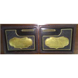 Antique (2) Japanese Meiji Period Plaques: Wood with Guilt Gold Cartouche 13x11", 2-lbs