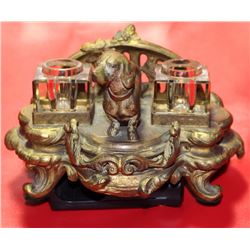 Antique c1870 Gilt Bronze Cut-Crystal Double Inkwell w/ Hunting Dog Centerpiece 7x4"