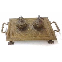 Antique c1880 Victorian Brass Inkwell Set with Bald Eagle Lids  14x9", 7-lbs