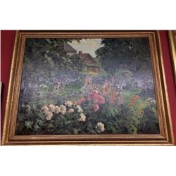 Antique c1915 Oil on Canvas Signed & Titled "House in Garden" by Anton Bischof 35x28"