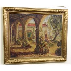 Antique c1917 Original Oil on Canvas Signed Franciscan California Mission Scene 30x29"