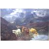 Image 1 : Antique c1920 Signed Oil on Canvas Cow's Along a Stream 30x24", 4-lbs