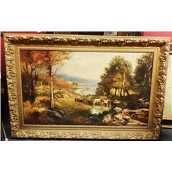 Antique c1923 Signed American Oil Painting Cows by the Stream Scene in Gilt Frame 60x42" inches, 25-