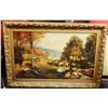 Image 1 : Antique c1923 Signed American Oil Painting Cows by the Stream Scene in Gilt Frame 60x42" inches, 25-