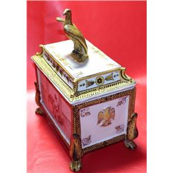 Antique Ca 1800 Gilt French Faience Box w. Footed Legs & Eagle Lid Handle 10x8x6, 3-lbs