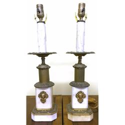 Antique LG c1850 American Brass & Marble Table Converted Candle to Lamp Set 21", 14-lbs