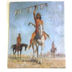 Antique Oil on Board Native American Indian Warrior on White Horse 30x25"