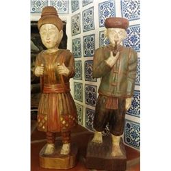 Old Asian Polychrome Wood Sculptures "He & She" Couple 20"