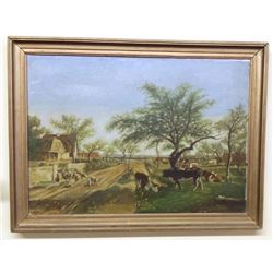 Antique Signed Oil on Canvas: Farmhouse Setting with Cows Grazing 22x21", 4-lbs