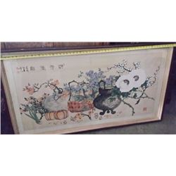 Old Korean Floral Ink & Color on Silk Paper Scroll Signed w. Seal Mark 58x32"