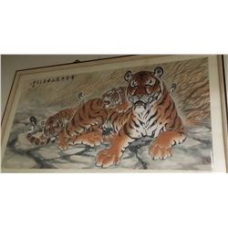 Old Korean Ink & Color on Silk Paper Scroll Signed w. Seal Mark 55x30" (Group of Resting Tigers)