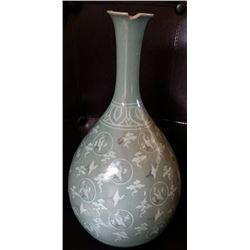 Vintage Celadon vase decorated w. In-laid Roundels & Cranes 16x8"