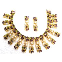 20K Gold/Sterling Silver Natural Gemstone & Pearl Jewelry Suite