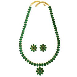22K Gold/SS Natural Emerald Tennis Necklace & Earring Flower Set