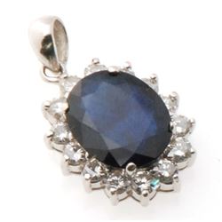 Certified Platinum Blue Sapphire & Diamond Pendant 28mm, 6.35ctw, 7.5gr