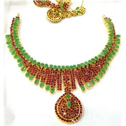 22K Gold/SS Natural Ruby & Emerald Jewelry Suite (3pc matching set)