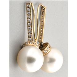 Certified 14K Gold 13mm Pearl & Diamond Earrings 37mm, 10-gr