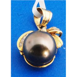 Certified 14K Gold Black Tahitian Pearl & Diamond Pendant