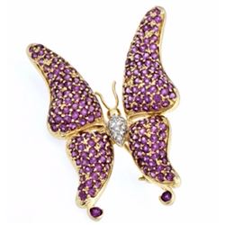 Certified 14k Gold Garnet & Diamond Butterfly Brooch 52mm, 16-gr