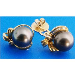 Certified 14K Gold Tahitian Pearl & Diamond Earrings 12gr
