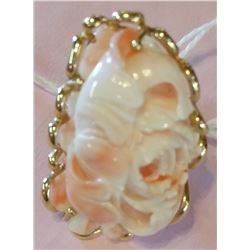 Dramatic Size 14K Gold Ring Carved Angel Skin Coral