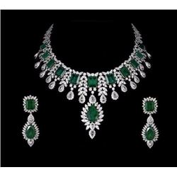 Platinum/SS Natural Emerald & White Sapphire Jewelry Set