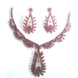 Platinum/SS Ruby 2-pc Jewelry Suite Set Necklace w. Earrings