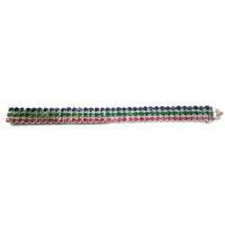 Platinum/SS Ruby Emerald & Blue Sapphire Tennis Bracelet