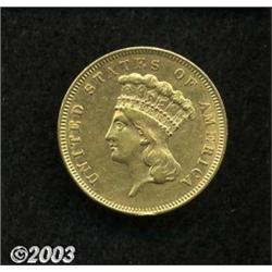 1856-S $3 AU50 Cleaned Uncertified.