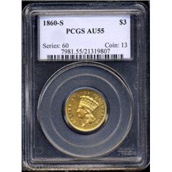 1860-S $3 AU55 PCGS.