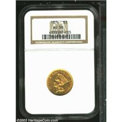 1874 $3 AU58 NGC.