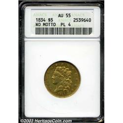 1834 $5 Plain 4 AU55 ANACS.