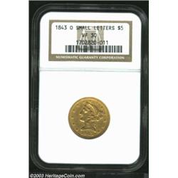 1843-O $5 Small Letters VF30 NGC.