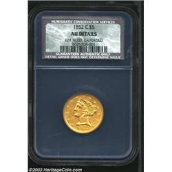 1852-C $5 AU50 Details, Rim Filed, Damaged, NCS.