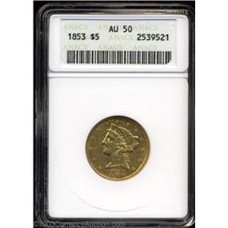 1853 $5 AU50 ANACS.