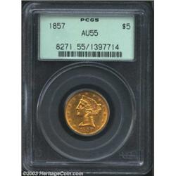 1857 $5 AU55 PCGS.