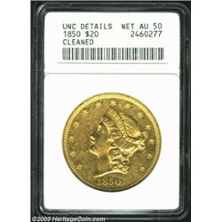1850 $20 --Cleaned--ANACS. Unc Details, Net AU50.