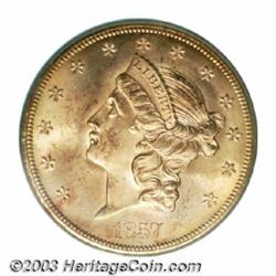 1857-S $20 Narrow Serif MS64 PCGS.
