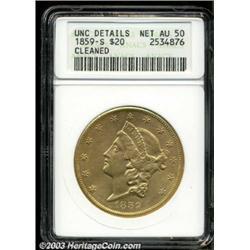 1859-S $20 --Cleaned--ANACS. Unc Details, Net AU50.