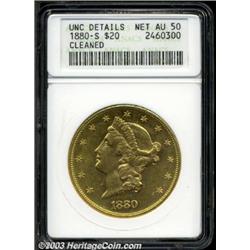 1880-S $20 --Cleaned--ANACS. Unc Details, Net AU50.