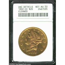 1892-CC $20 --Cleaned--ANACS. Unc Details, Net AU50.