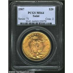 1907 $20 Arabic Numerals MS64 PCGS.